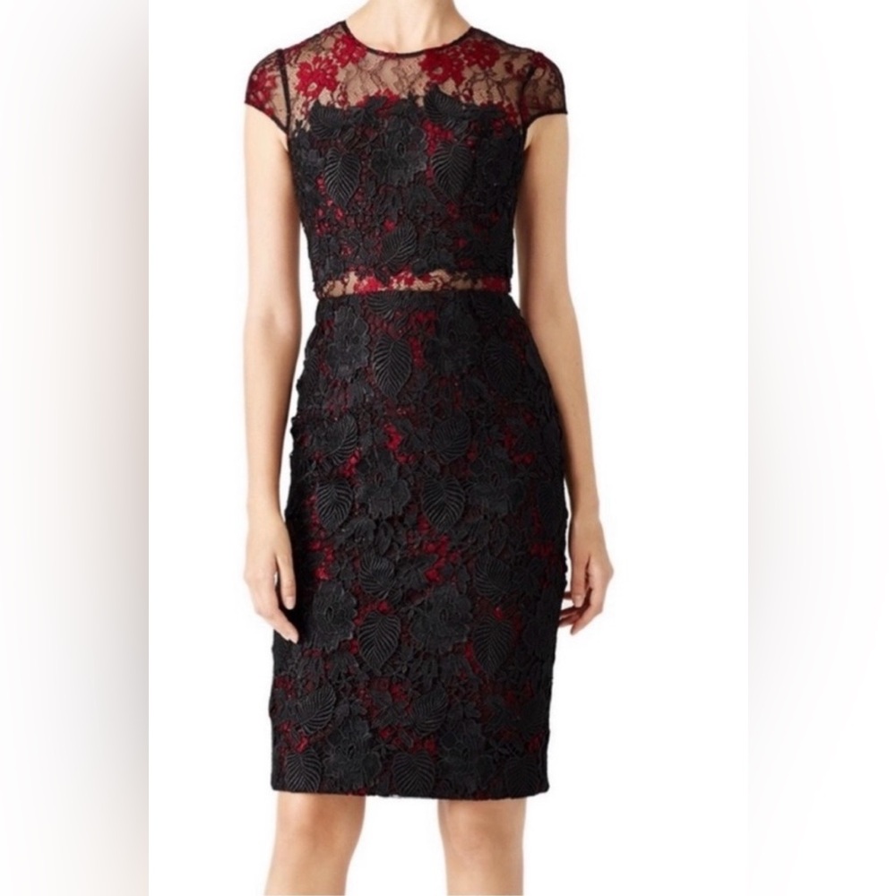 Monique Lhuillier Size 6 Red/Burgundy and Black Lace Midi Dress